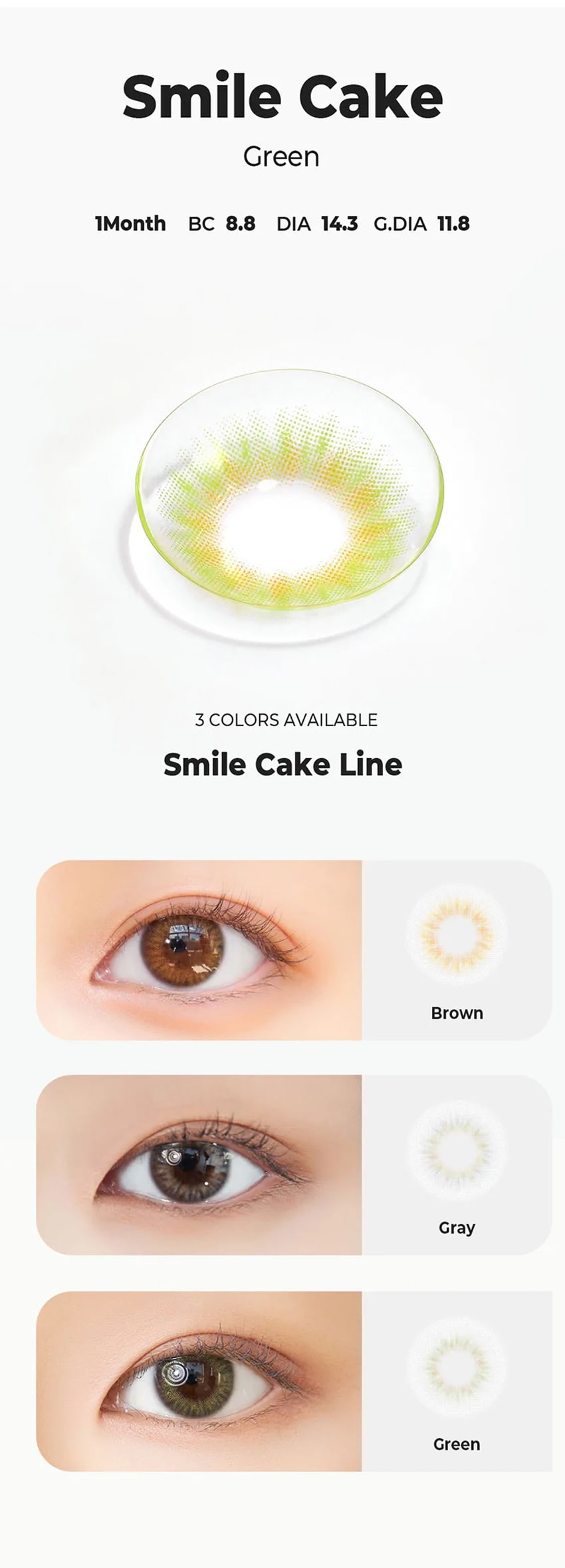 chuu, korean colored contacts, sns popular, new product, event product, cloud pudding, gray, pink brown, smile cookie, brown, green, sunny cookie, gray, brown