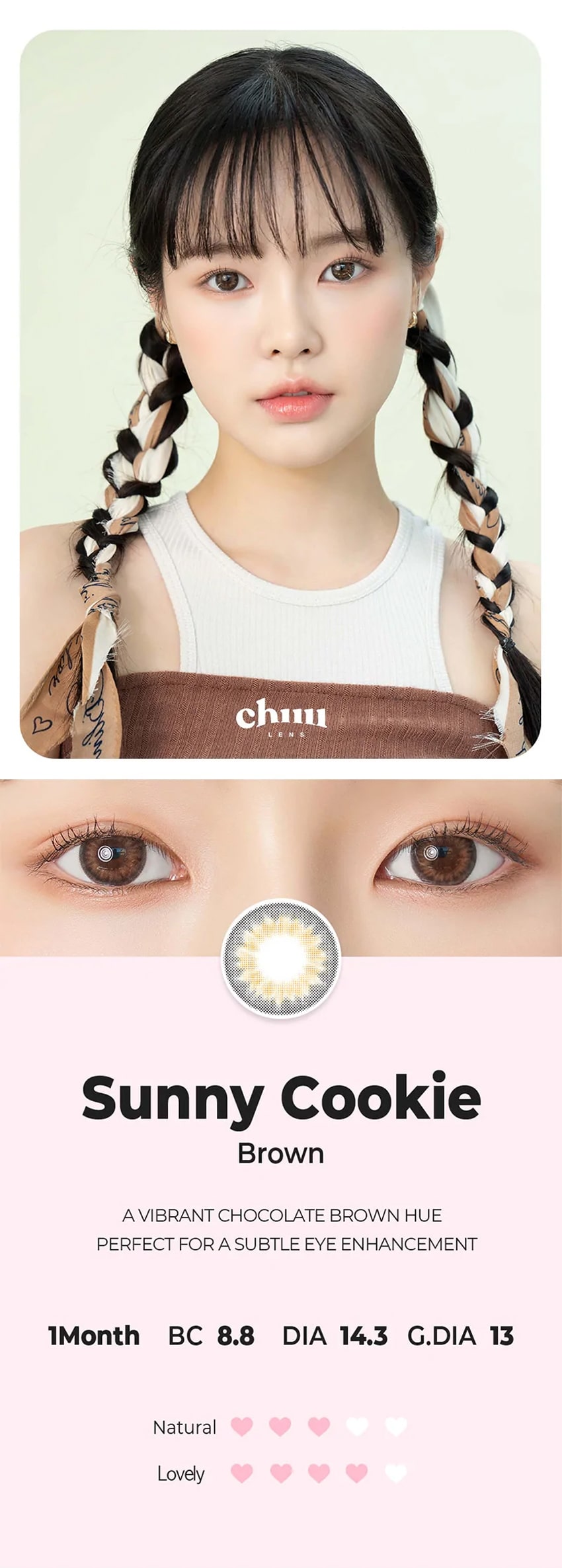 chuu, korean colored contacts, sns popular, new product, event product, cloud pudding, gray, pink brown, smile cookie, brown, green, sunny cookie, gray, brown