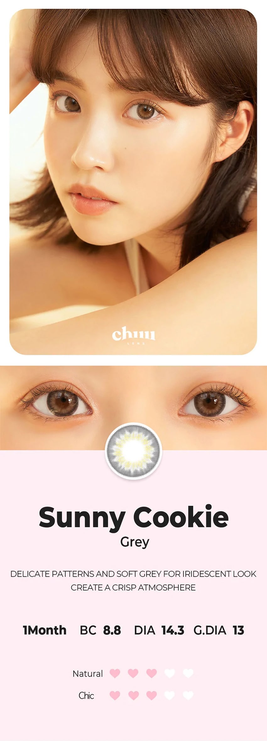 chuu, korean colored contacts, sns popular, new product, event product, cloud pudding, gray, pink brown, smile cookie, brown, green, sunny cookie, gray, brown