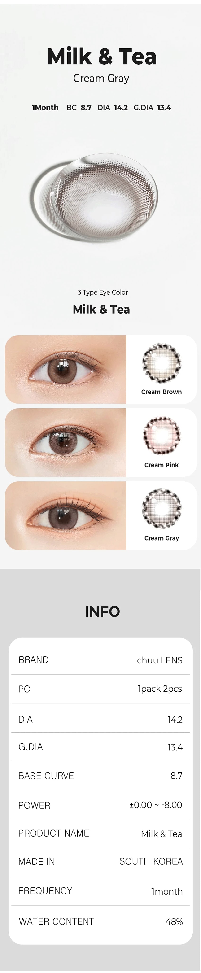 chuu, korean colored contacts, sns popular, new product, event product, gray,cream gray,cream,gray contacts