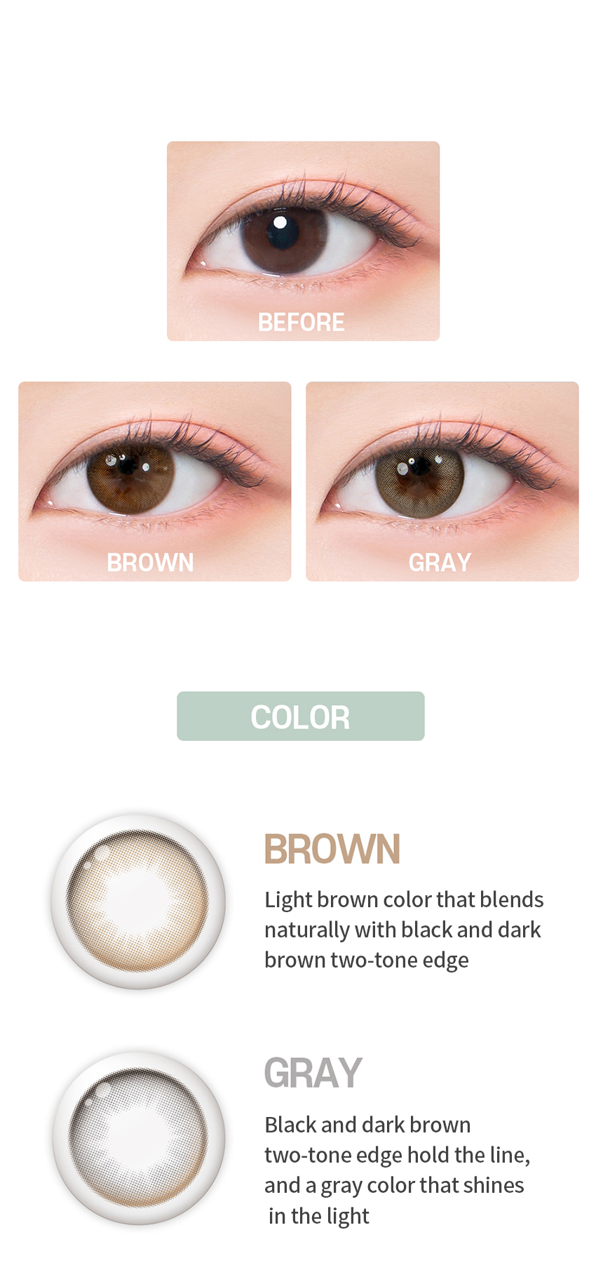 
doonoon, glam, 1day, queencontacts, korean colored contacts, brown, gray, sns